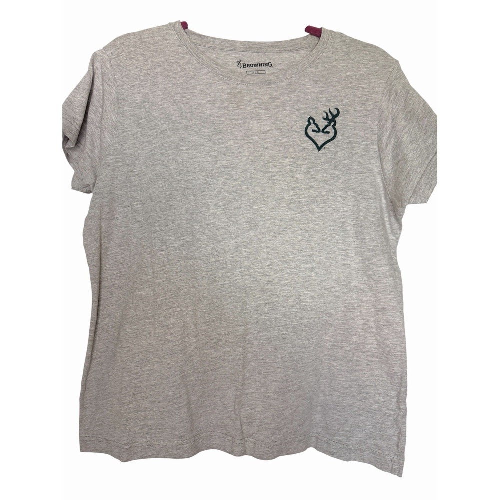 Browning Women's Size Large Heather Gray Mossy Oak Buck Heart SS Tee Glitter